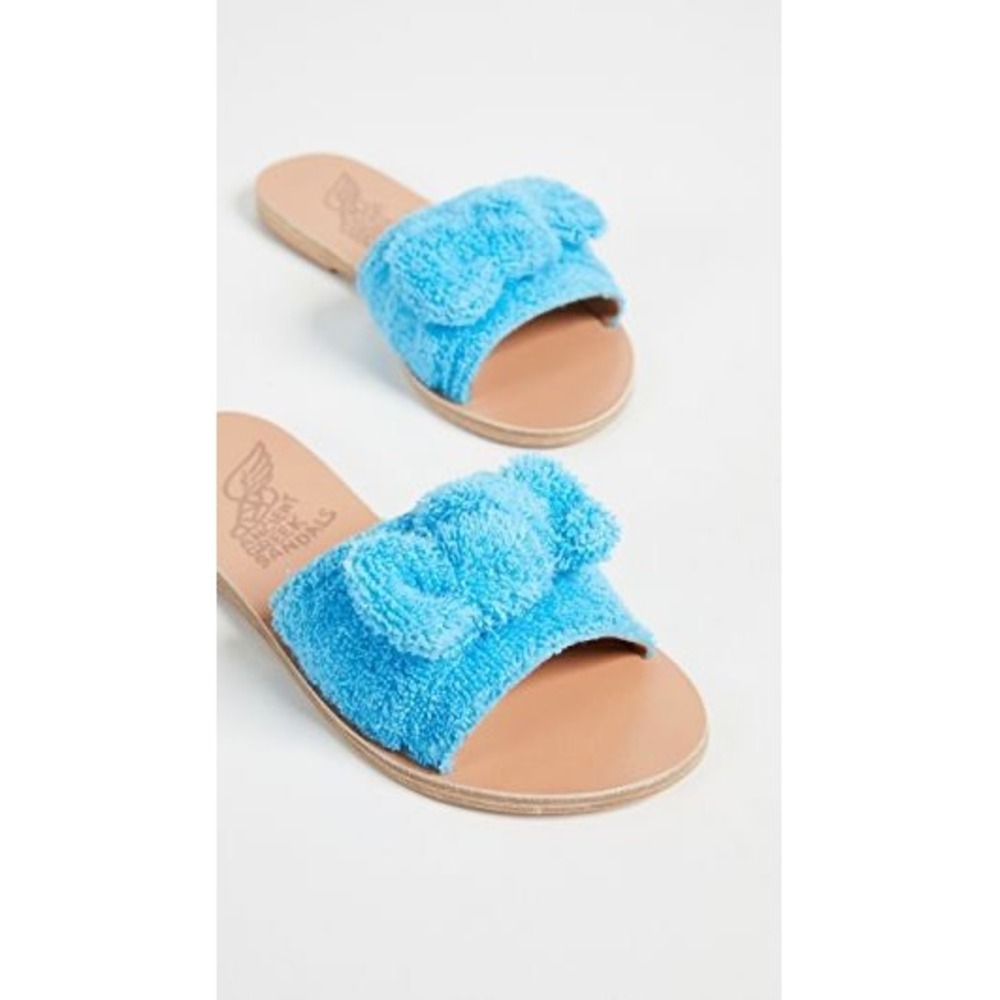 Ancient Greek Sandals Women's Blue Terry Cloth Bow Slides Sandals Size 39